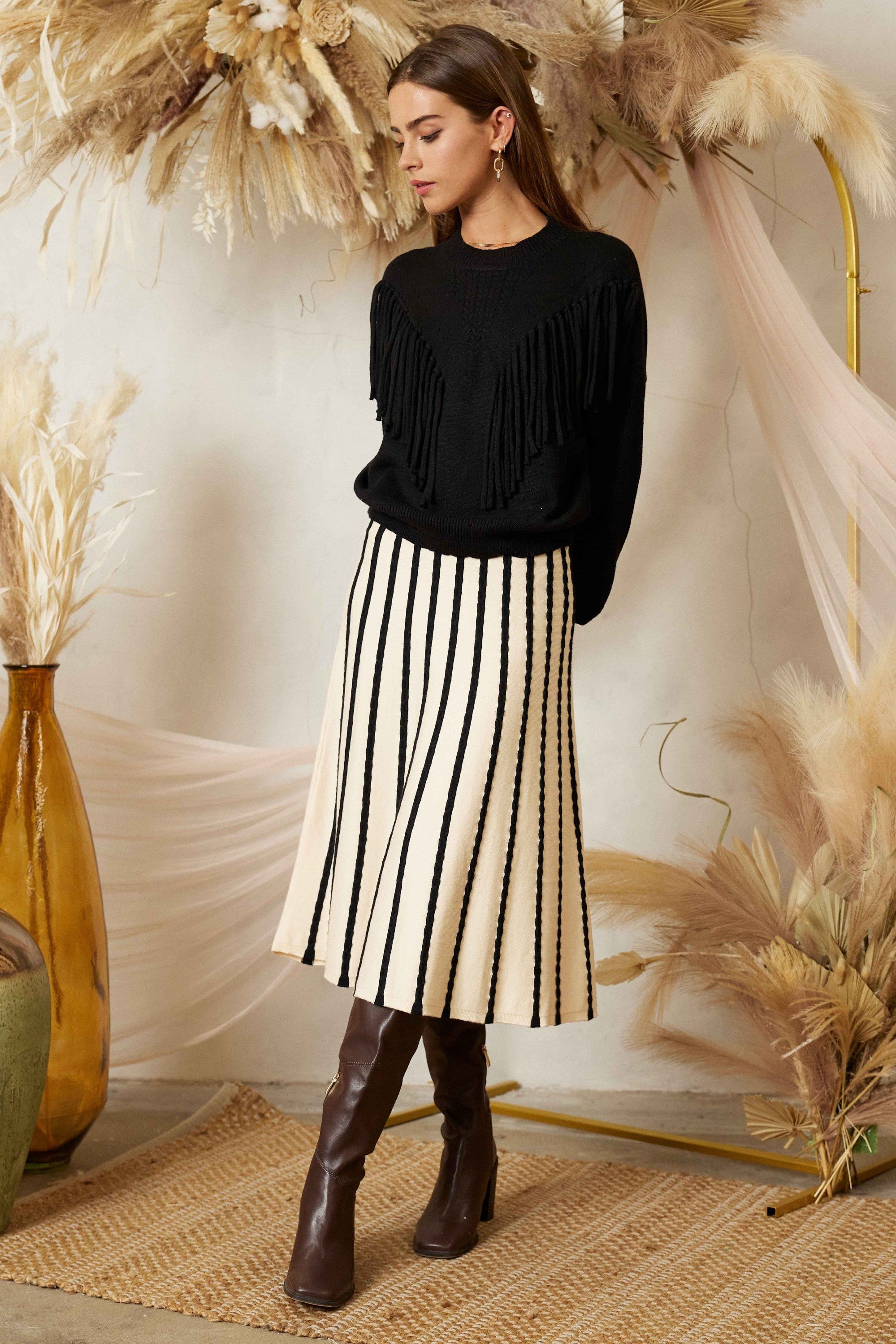 Sunrise Serenade Stripe Sweater Midi Skirt-Black-Ivory-Avah