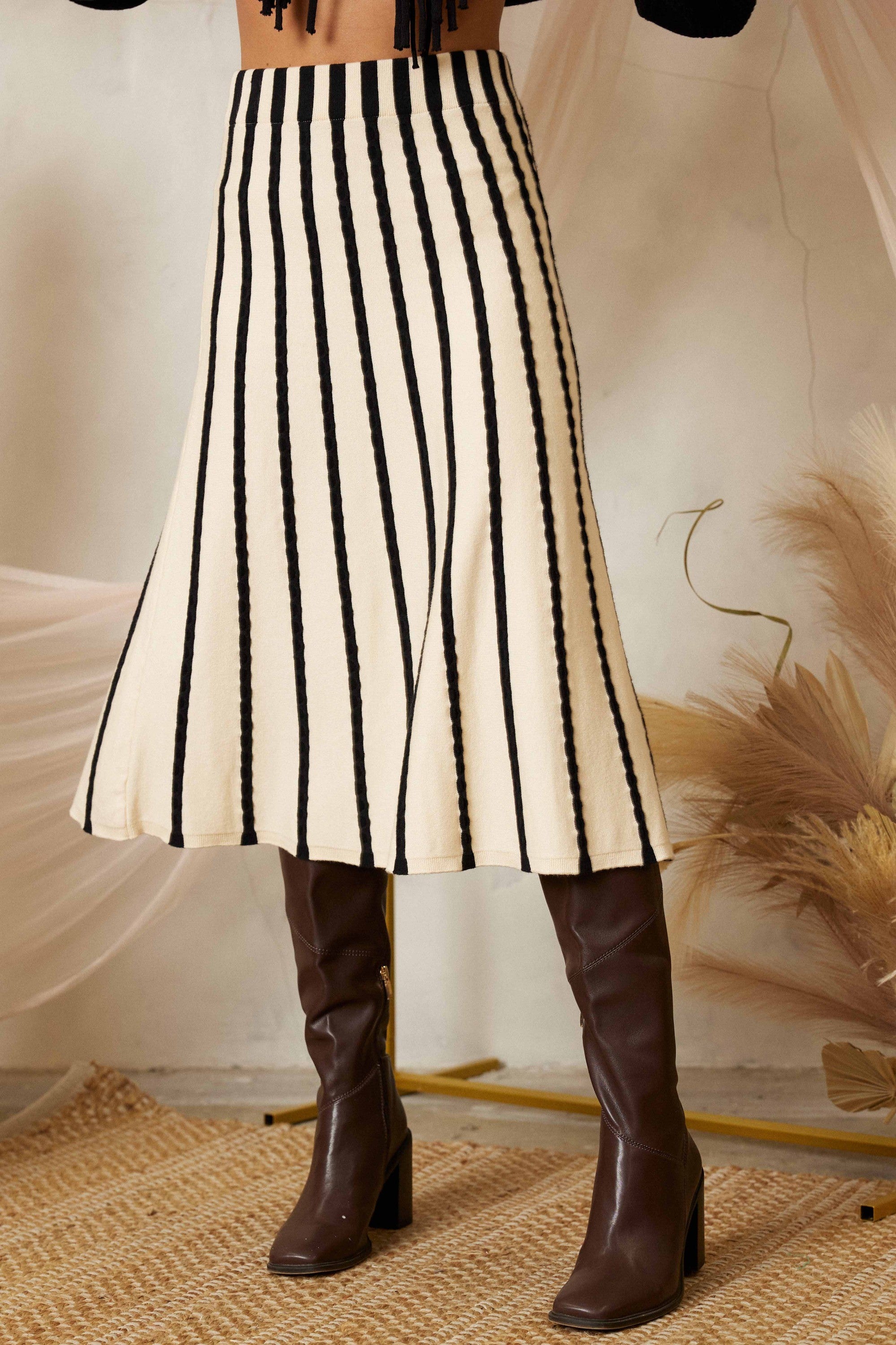 Sunrise Serenade Stripe Sweater Midi Skirt-Black-Ivory-Avah