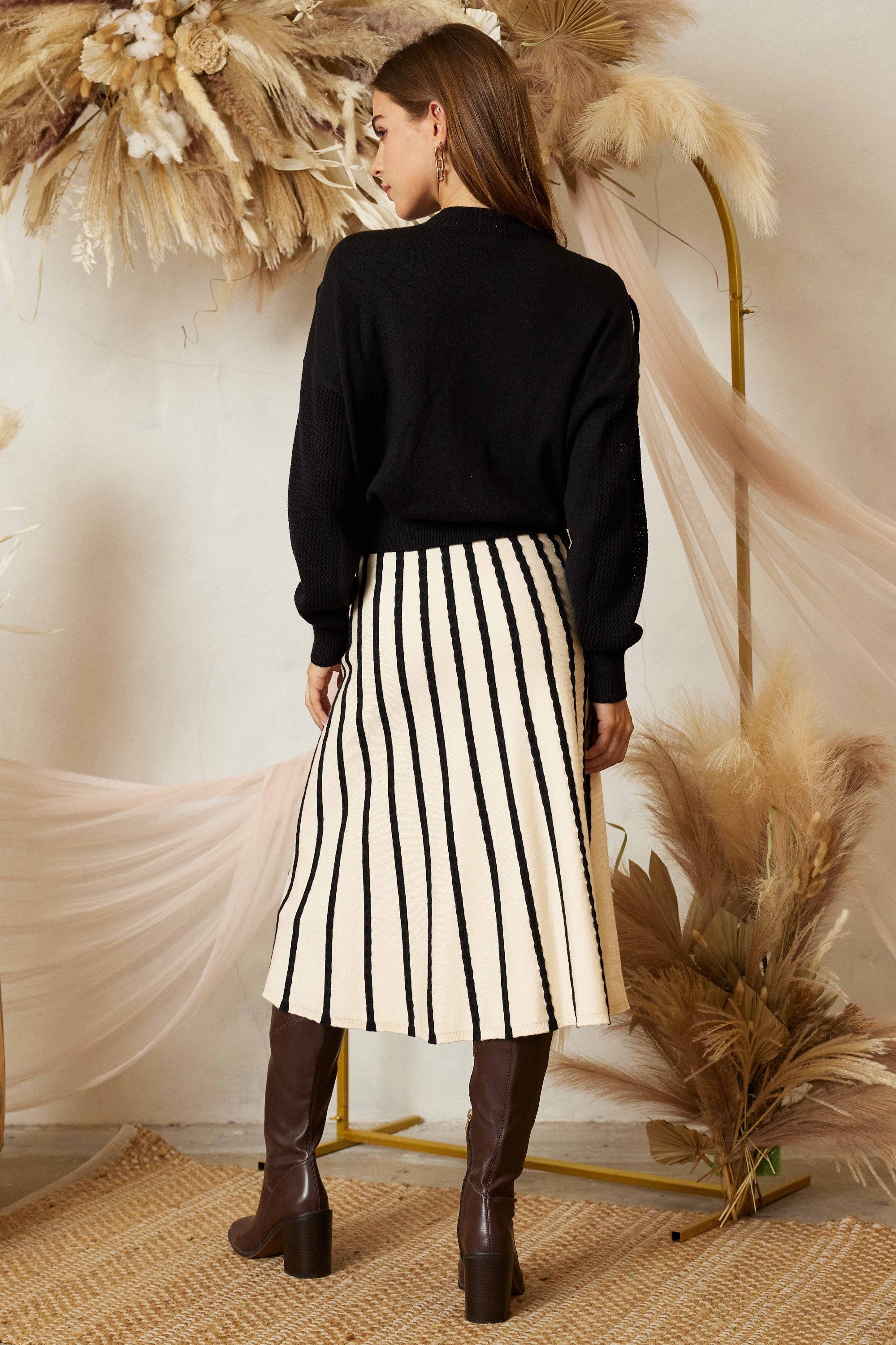 Sunrise Serenade Stripe Sweater Midi Skirt-Black-Ivory-Avah