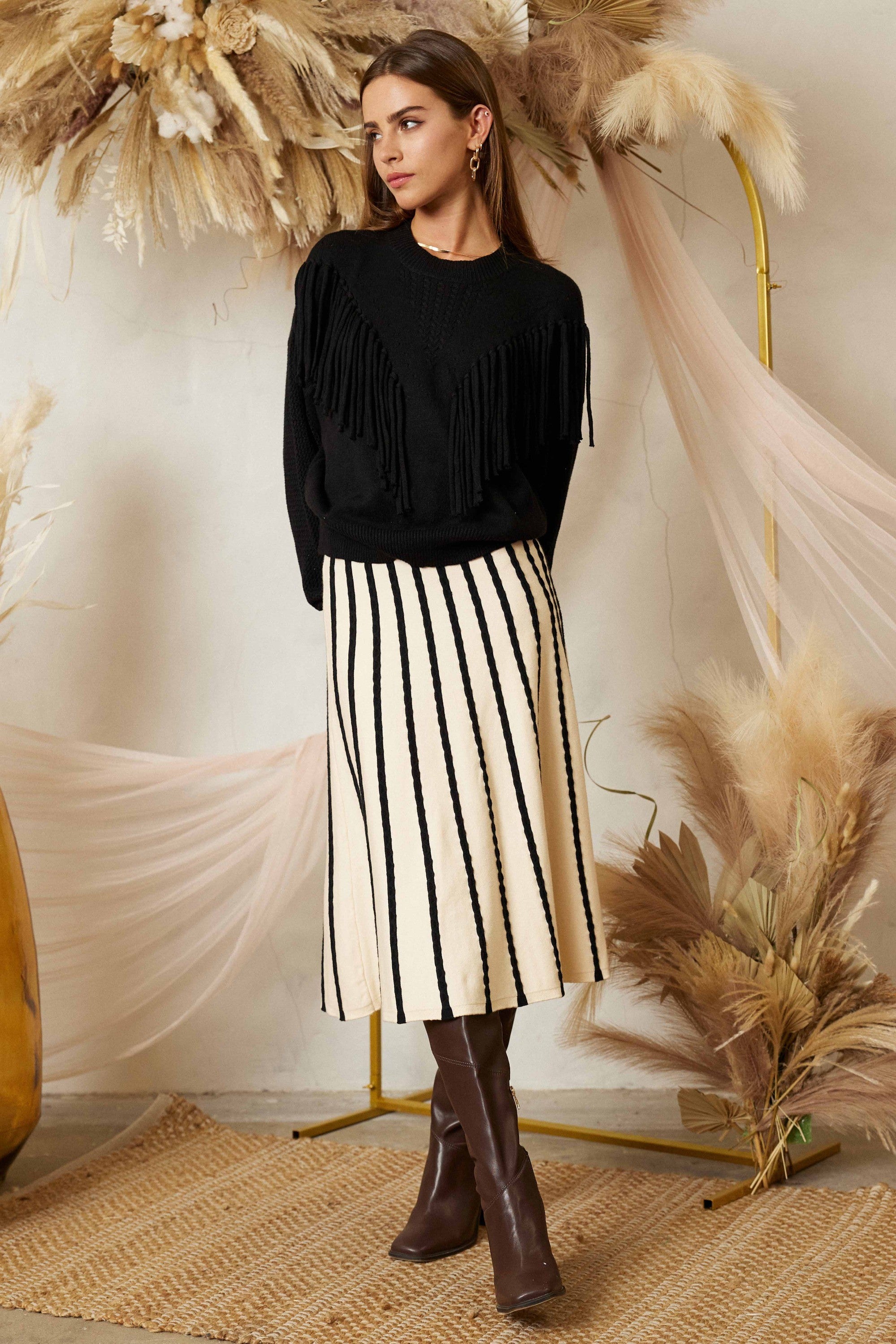 Sunrise Serenade Stripe Sweater Midi Skirt-Black-Ivory-Avah