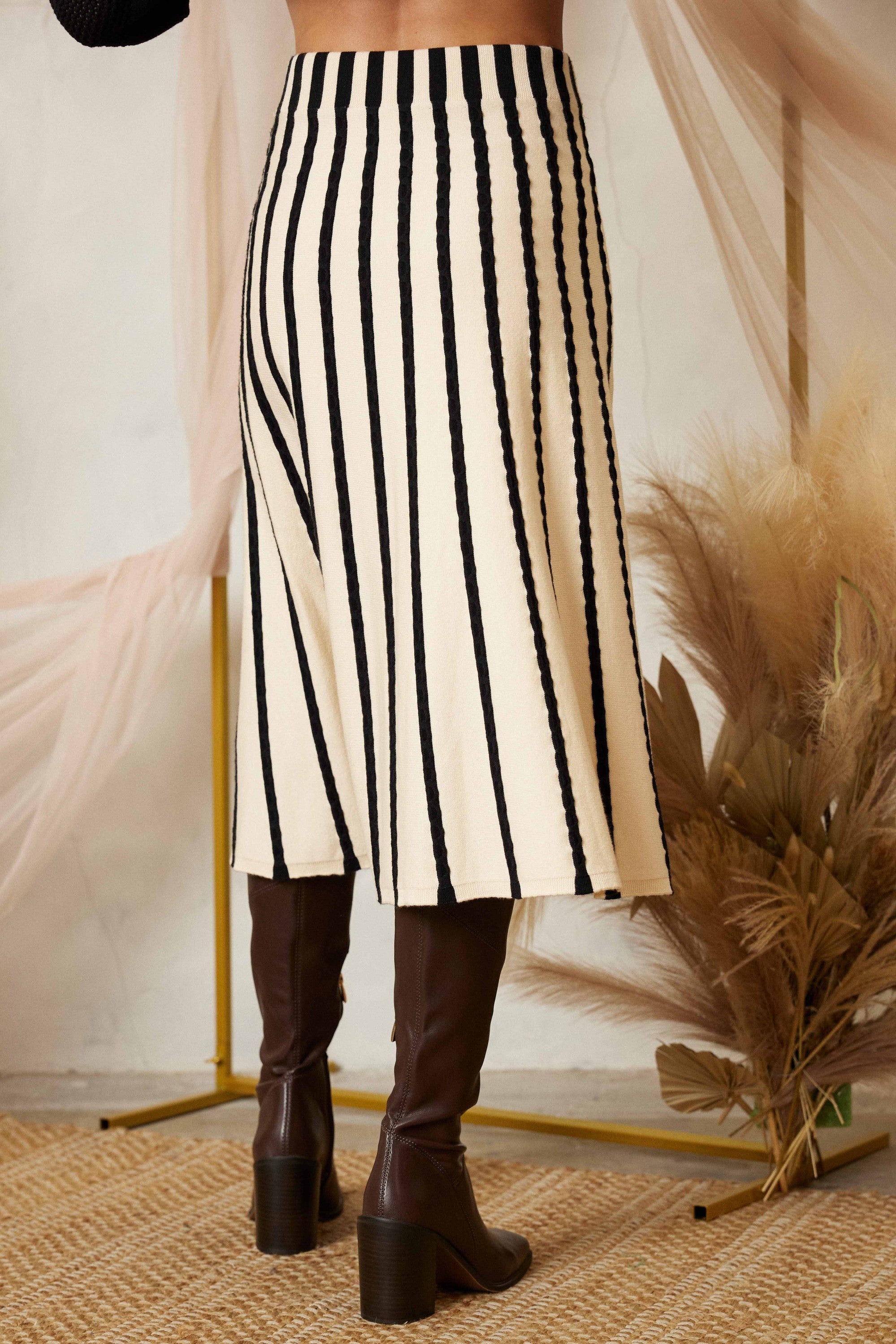 Sunrise Serenade Stripe Sweater Midi Skirt-Black-Ivory-Avah