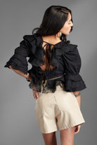 Surrender Ruffle And Lace Crop Top - Black-Avah