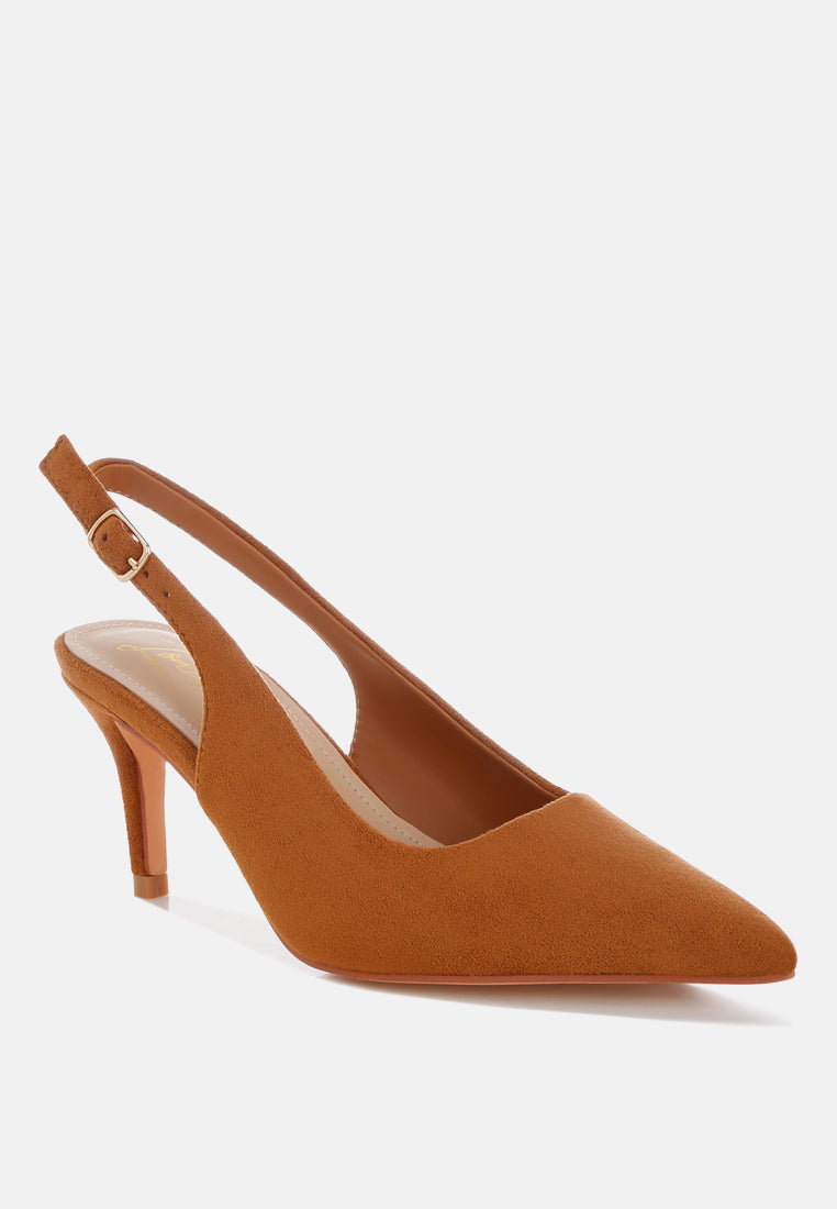Brown slingback high heel shoe on a white background