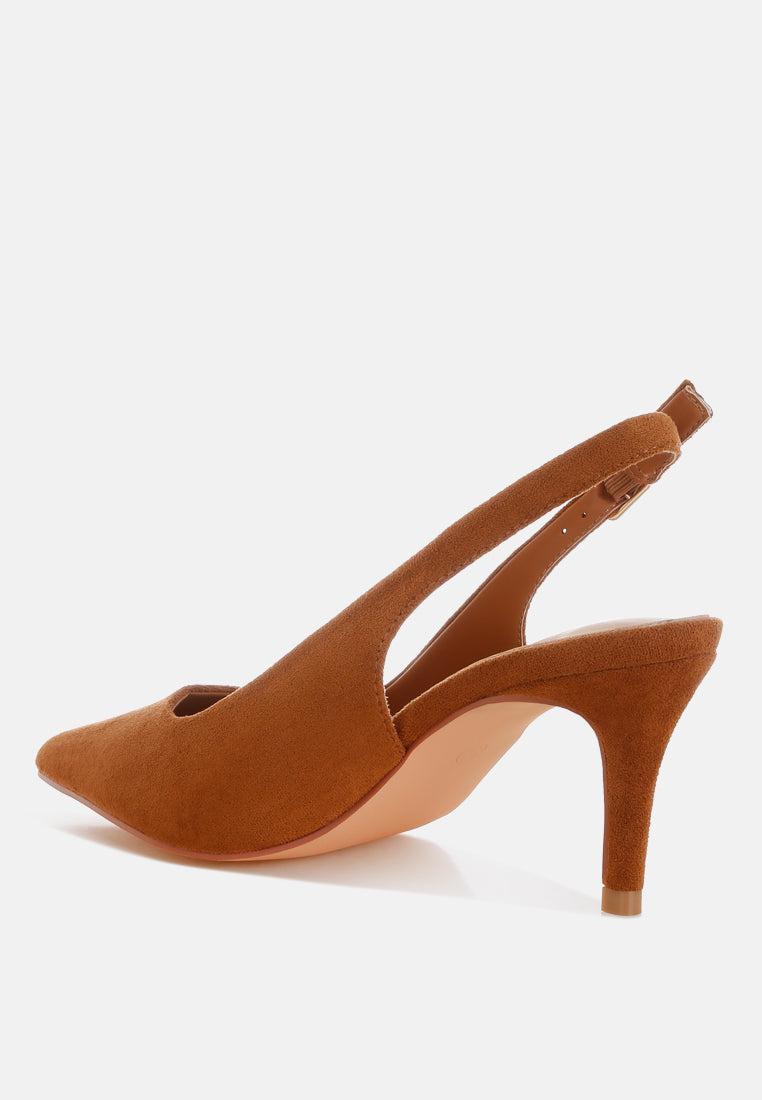 Brown high-heeled shoe on a white background