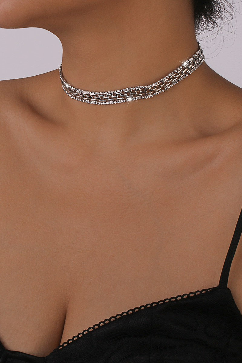Thick-Rhinestone-Watch-Chains-Choker-Necklace-Silver-AVAH