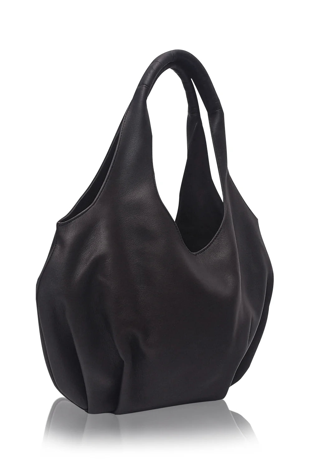 Large Black slouchy handbag on a white background, 3/4 view