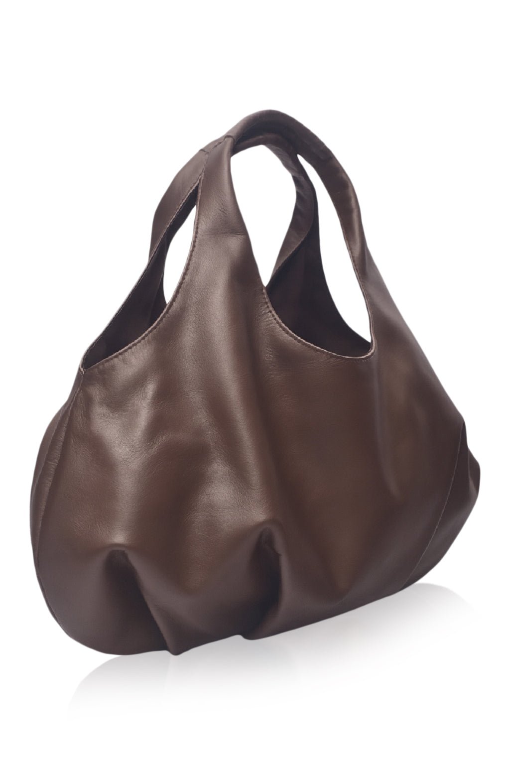 Dark chocolate Brown leather handbag on a white background, 3/4 view
