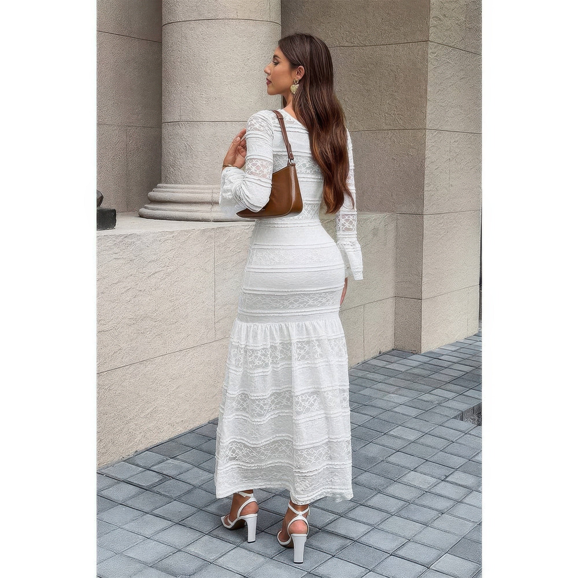 AVAH Evangeline White Lace Long Sleeve Maxi Dress with sheer sleeves and tiered ruffle hem