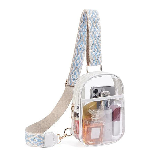 white clear crossbody bag featuring rear zip access and gold hardware