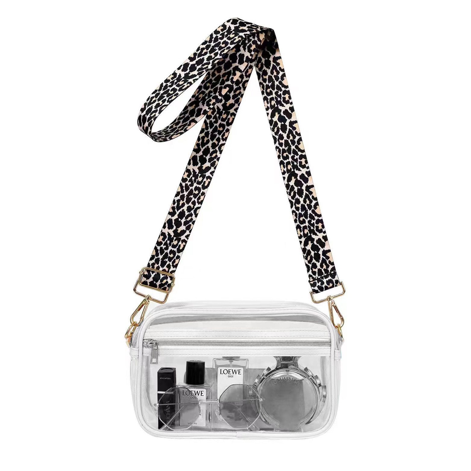 AVAH-clear stadium crossbody bag with white accents, and leopard straps, against a white background.