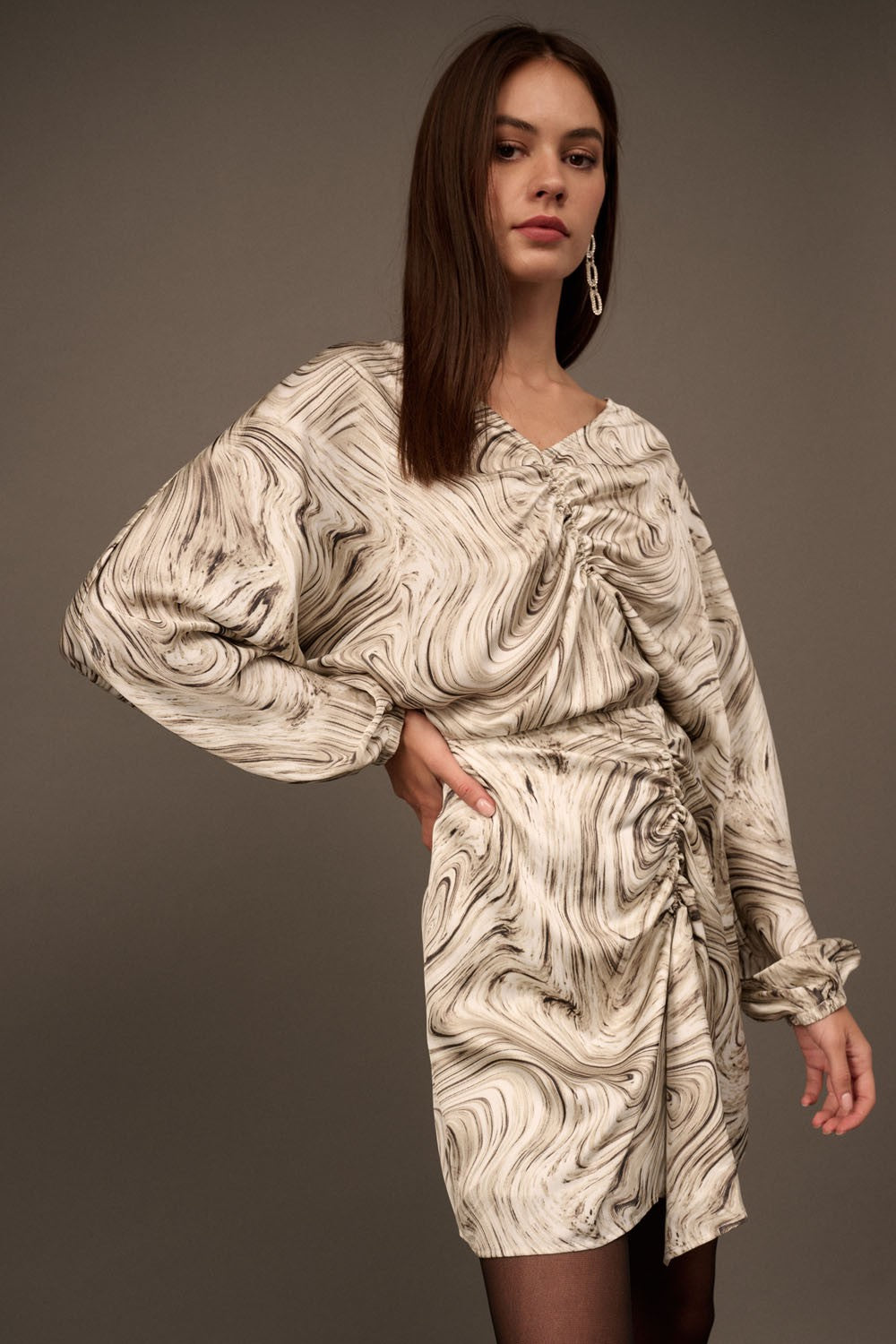 Whirlwind Allure Long Sleeve Mini Dress-Charcoal-Avah