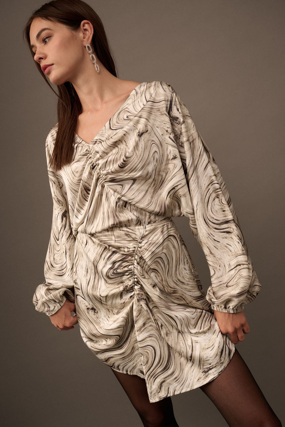 Whirlwind Allure Long Sleeve Mini Dress-Charcoal-Avah