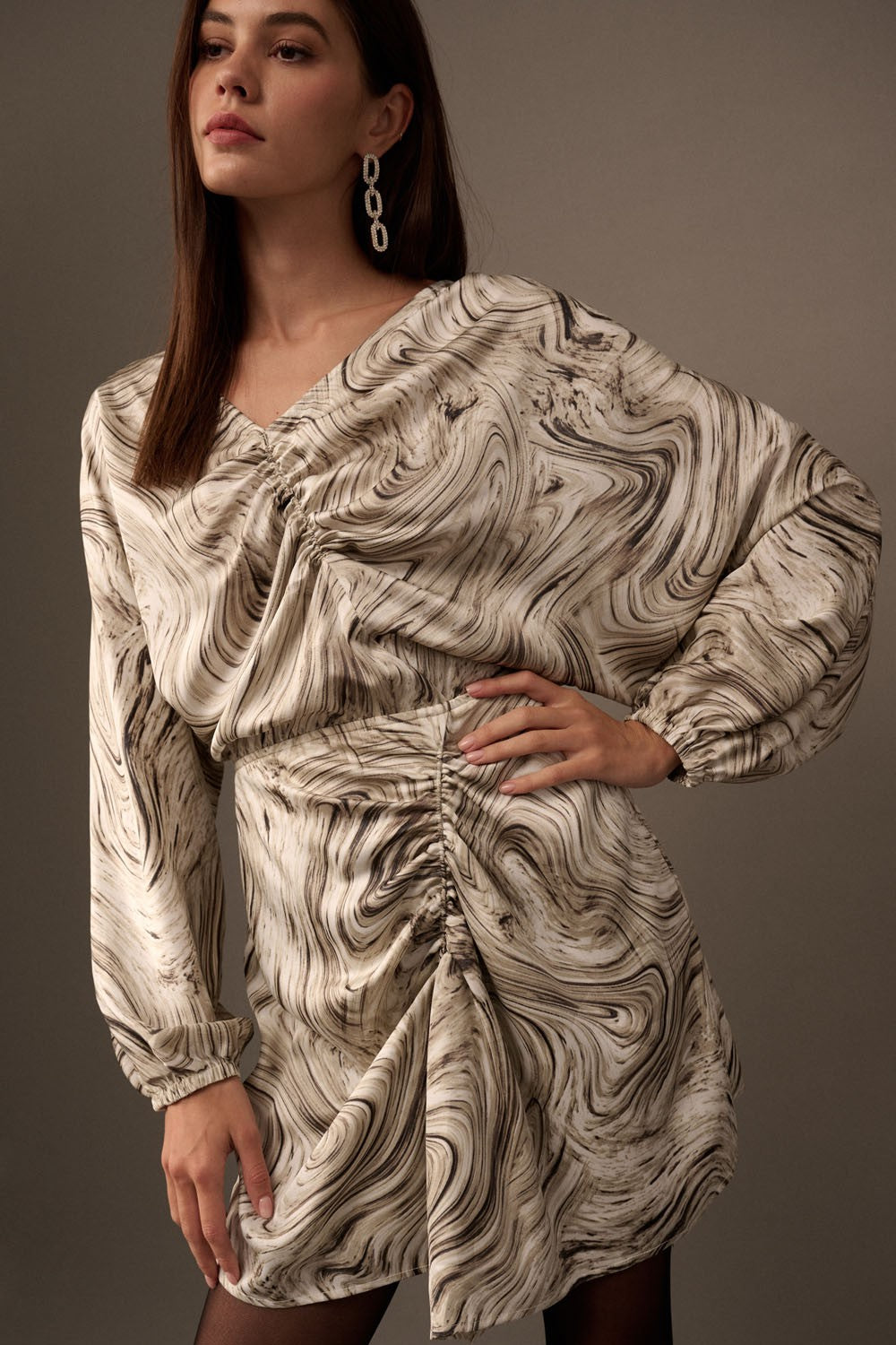 Whirlwind Allure Long Sleeve Mini Dress-Charcoal-Avah