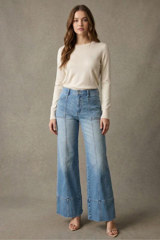high rise wide leg denim jeans medium wash front view