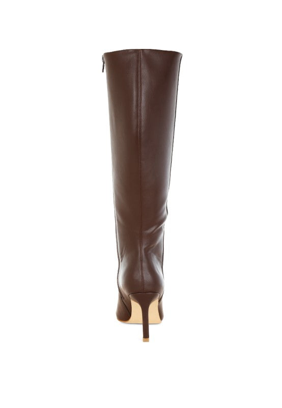 Back view of pointed snip toe brown faux leather tall boot.