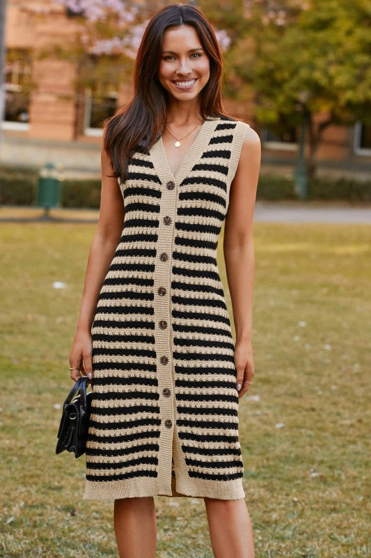 Front view of woman wearing tan and black striped knit sleeveless midi dress with button-front closure-AVAH