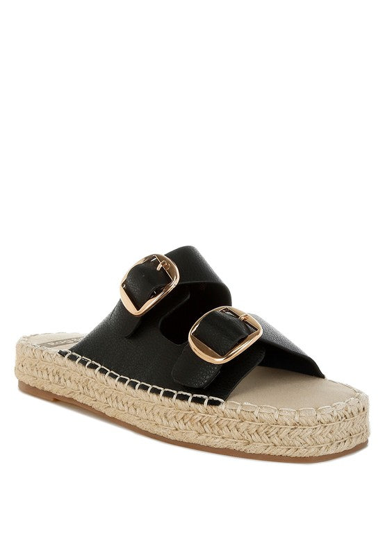 Black leather flatform espadrille sandal with gold buckles, angled front-side view-AVAH
