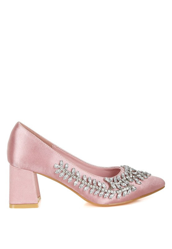 Blush satin block heel with crystal detailing, side view