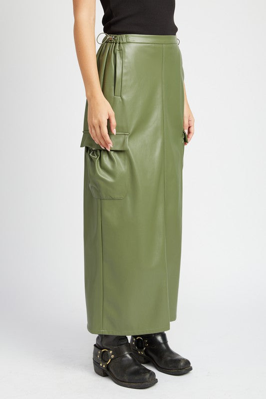 Side angle showing structured seams and pocket on green vegan leather skirt