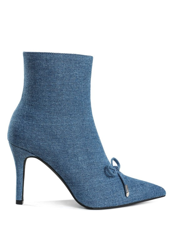side profile of denim pointed toe ankle boot with slim stiletto heel