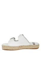Side view of white leather slip-on espadrille sandal with double adjustable buckle straps