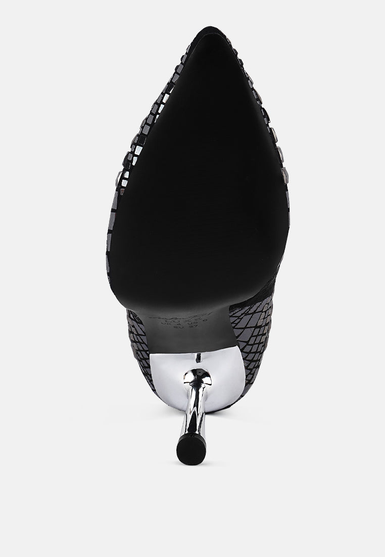Extravagance Mirror Embellished Stiletto Boots-Black-Avah