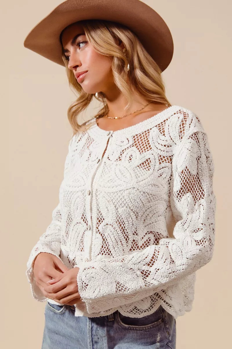 Side view of ivory lightweight crochet cardigan with long sleeves