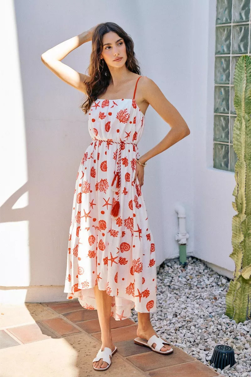 coral print midi dress with tassel tie waist and spaghetti straps