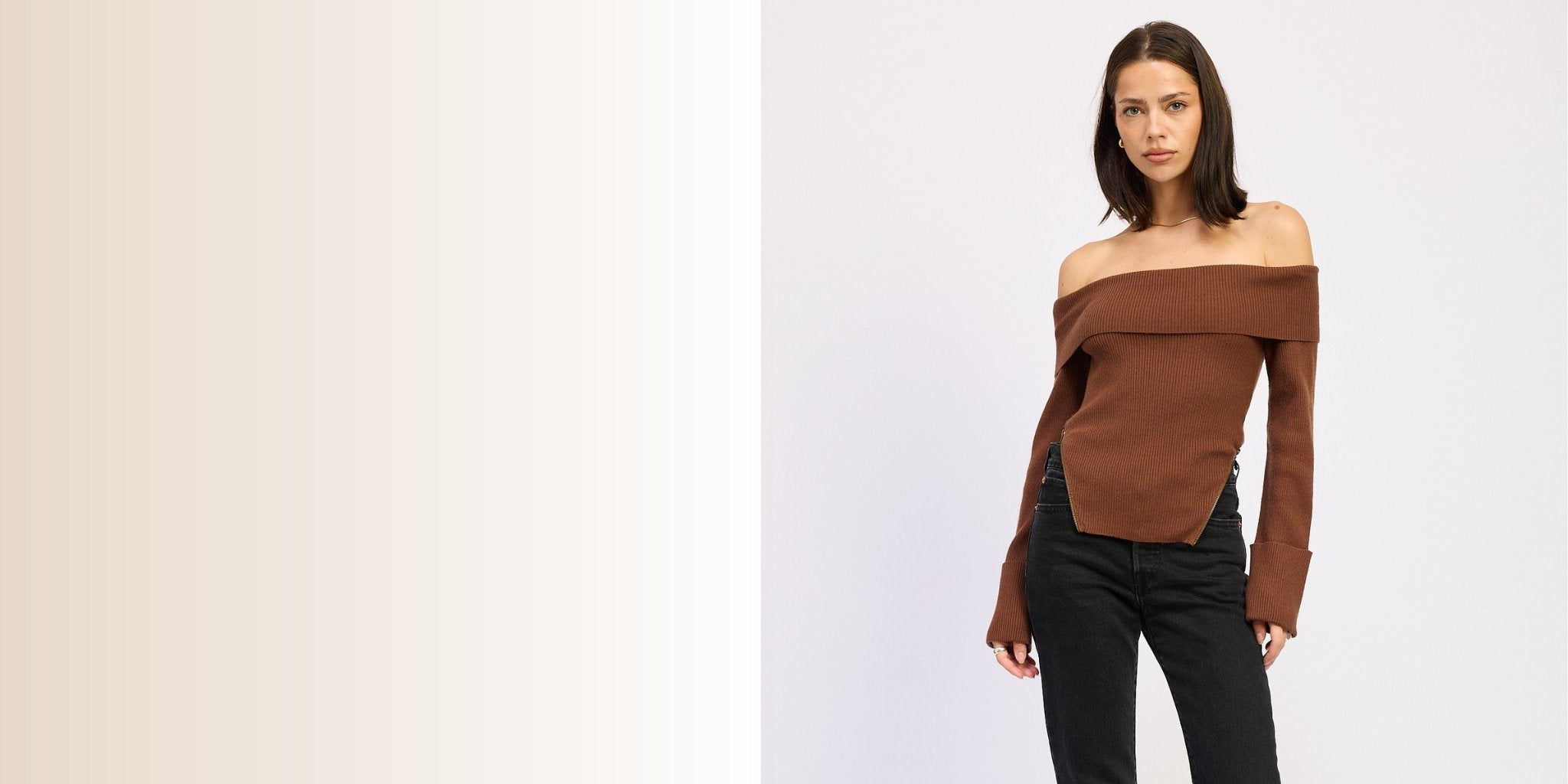 AVAH Fall Tops & Knits banner featuring a model in an off-the-shoulder brown ribbed sweater with long sleeves, chic women’s knitwear for autumn layering