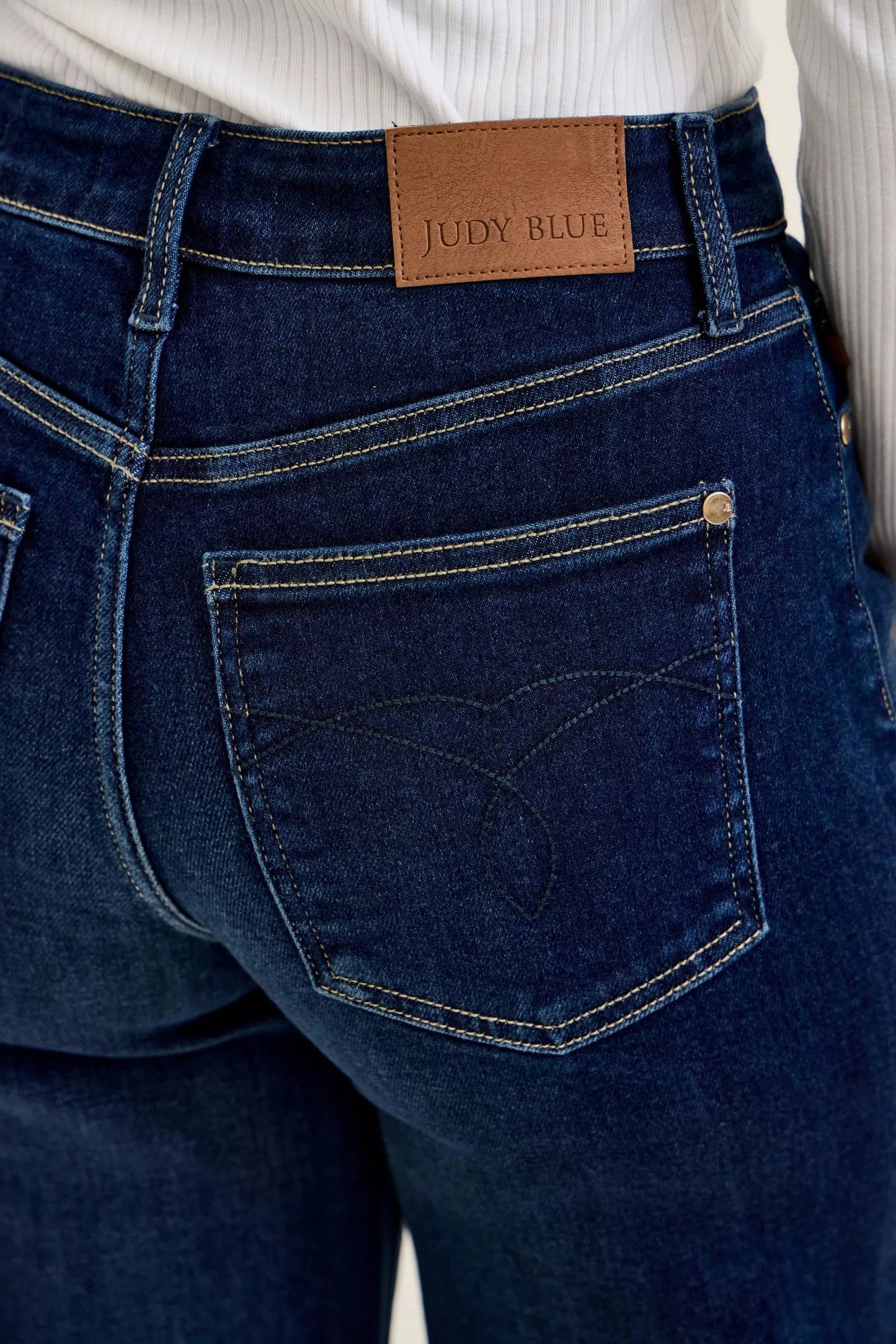 Going Places High Rise Wide Leg Jeans in dark indigo wash, close up of stitching detail