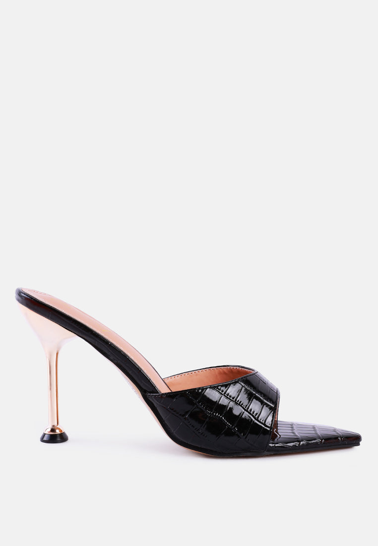 Black metallic heeled pointed toed sandal with croc texture faux leather and accented with the metallic accent side view