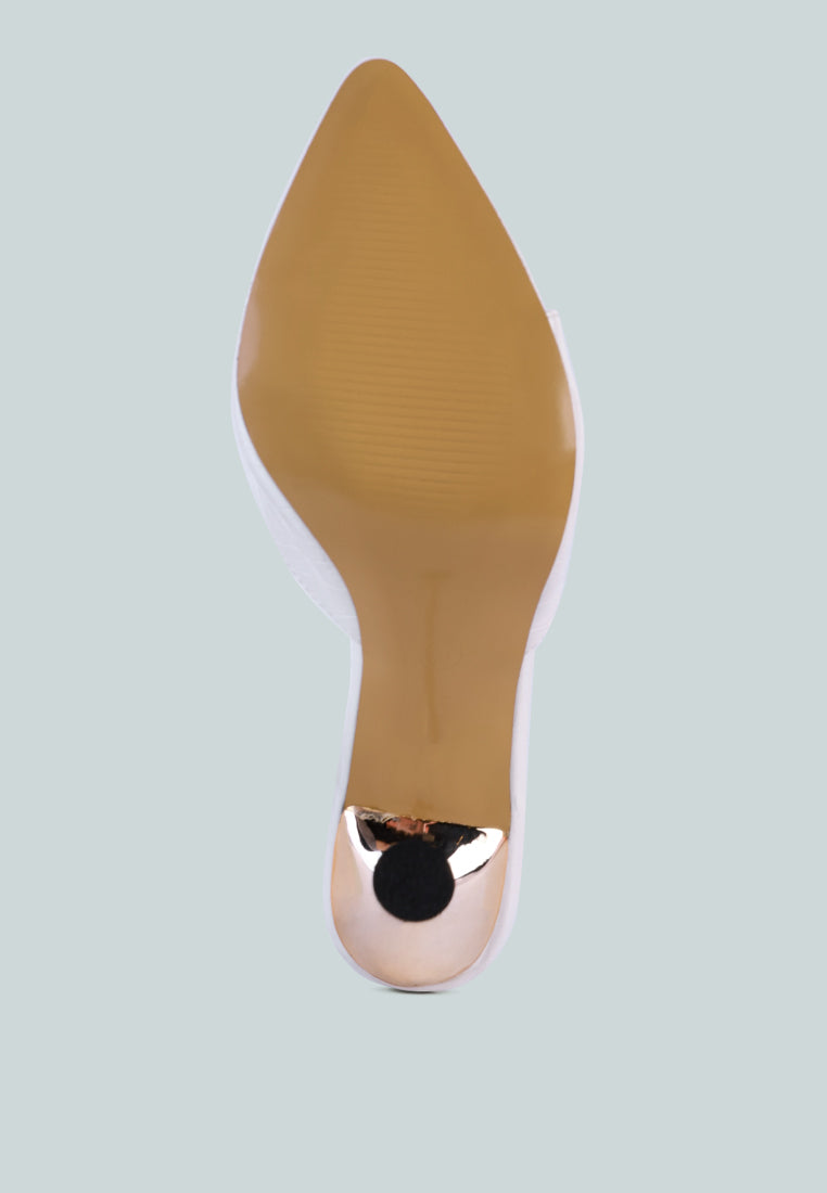 White metallic heeled pointed toed sandal with croc texture faux leather and accented with the metallic accent bottom view