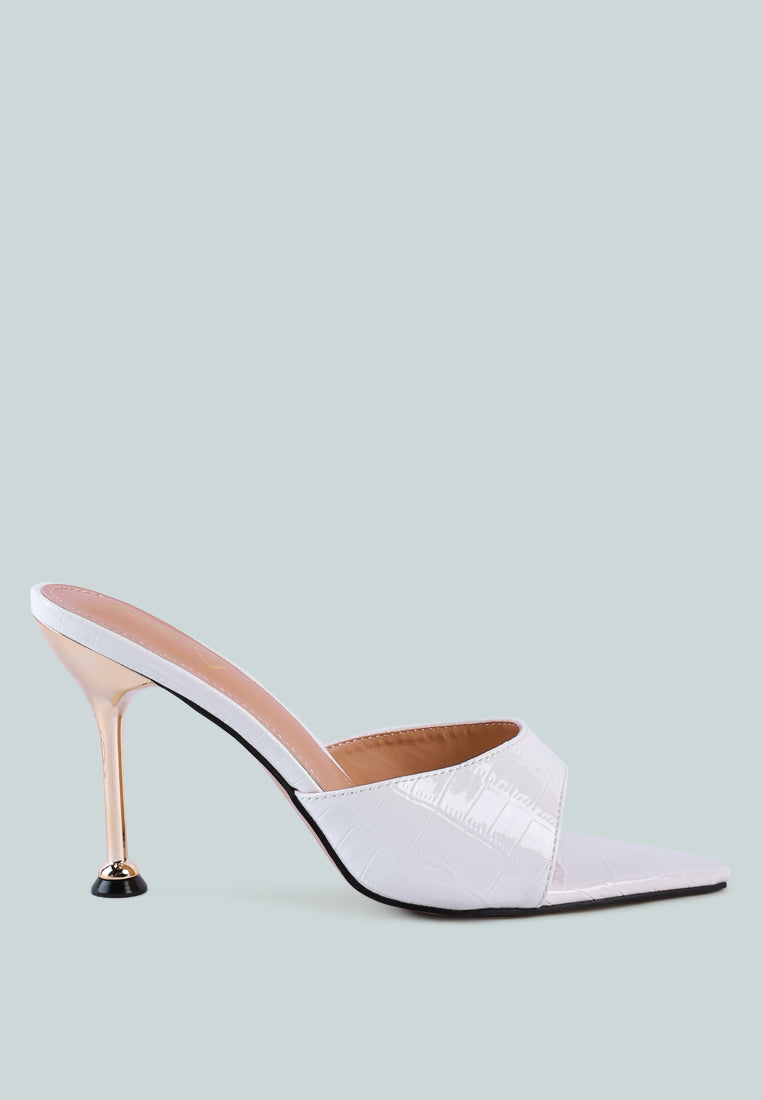 White metallic heeled pointed toed sandal with croc texture faux leather and accented with the metallic accent side view