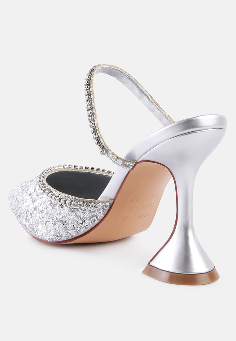 Silver Glitter mules with rhinestone embellishment, sculpted heel, pointed toe and crystal decorated elastic strap back view