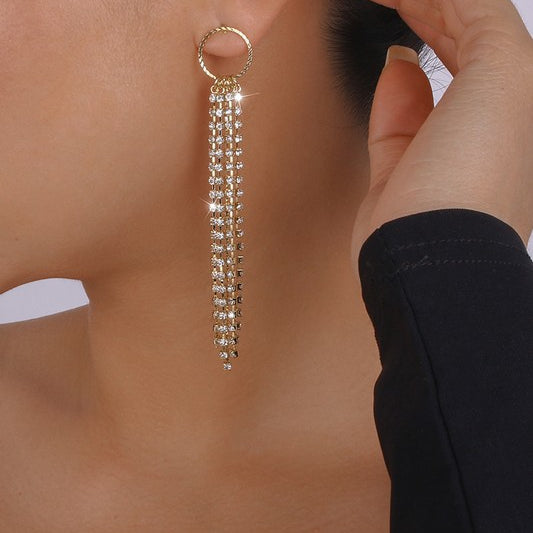 Long Tassel Round Rhinestone Dangle Earrings-Gold-AVAh