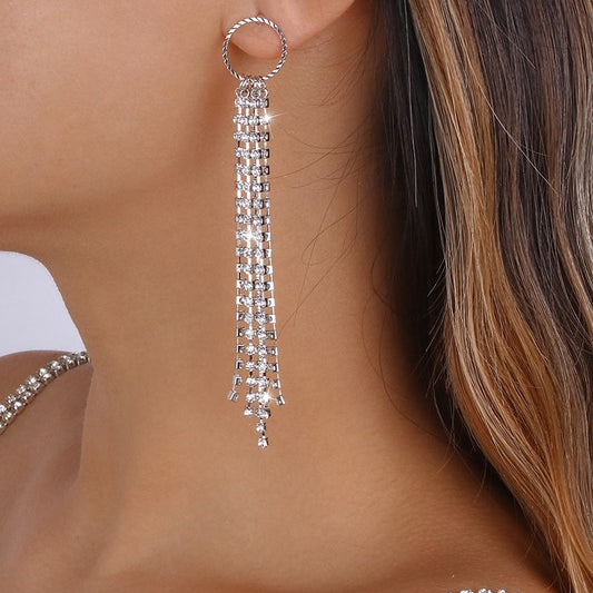 Long Tassel Round Rhinestone Dangle Earrings-Silver-AVAh