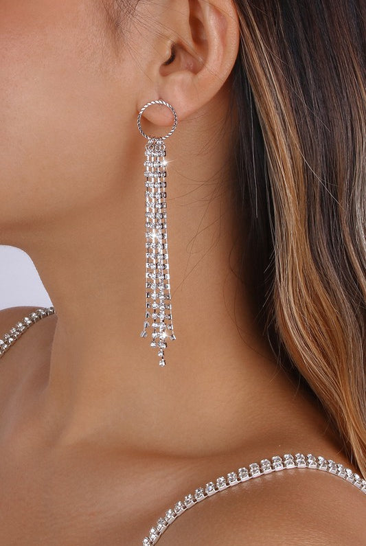 Long Tassel Round Rhinestone Dangle Earrings-Silver-AVAh