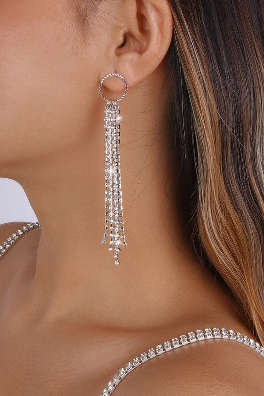 Long Tassel Round Rhinestone Dangle Earrings-Silver-AVAh