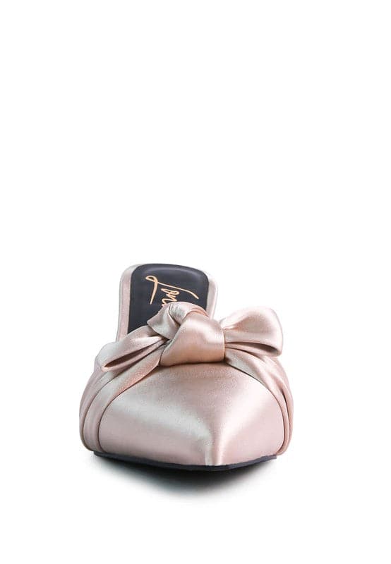 champaign satin knot heeled mule sandal