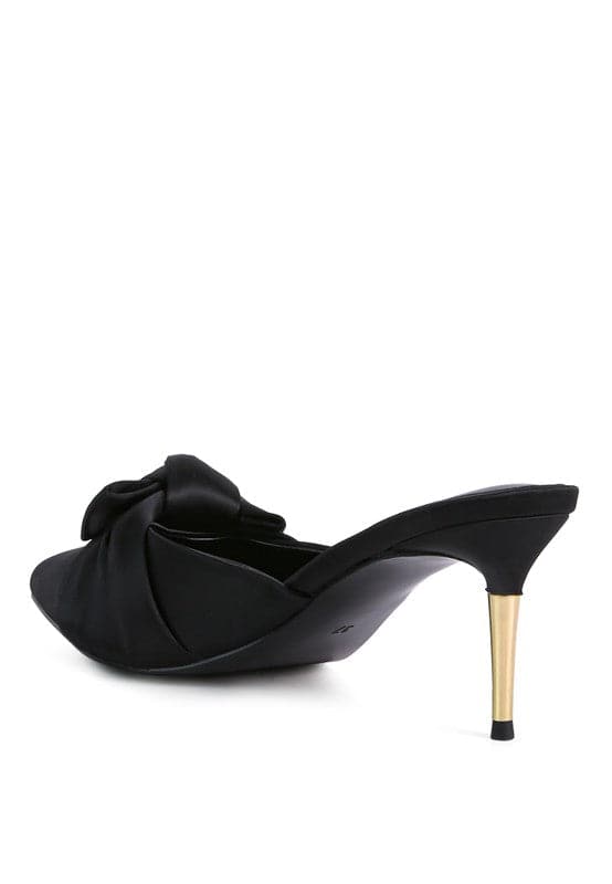 black satin knot heeled mule sandal