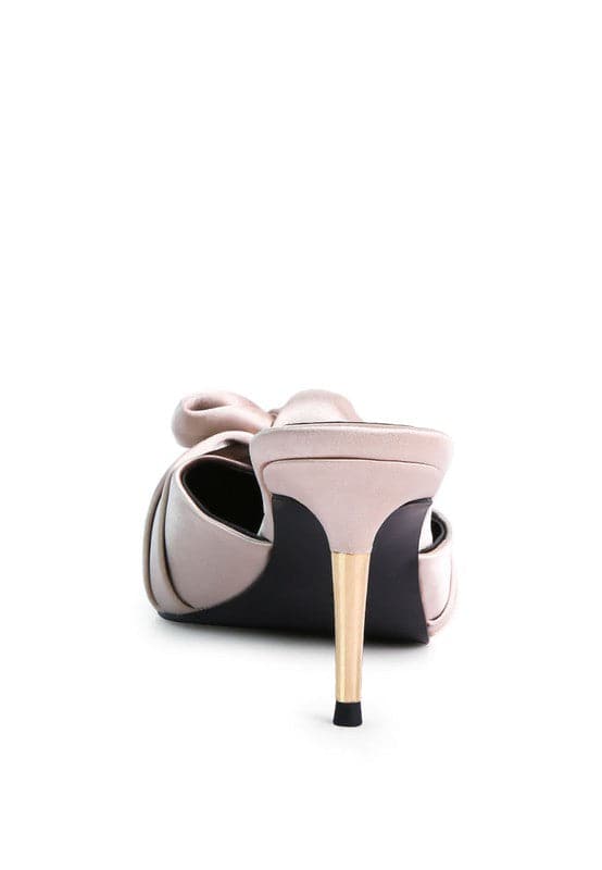 champaign satin knot heeled mule sandal