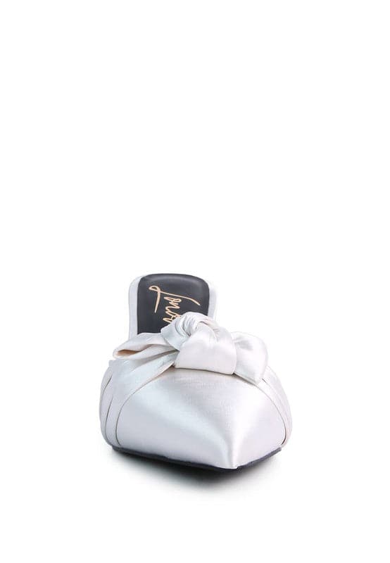 white satin knot heeled mule sandal