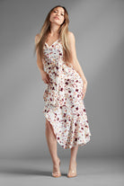 AVAH - Beverly Heights Asymmetrical Ruffle Tier Floral Midi Dress - White/Purple