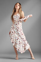 AVAH - Beverly Heights Asymmetrical Ruffle Tier Floral Midi Dress - White/Purple