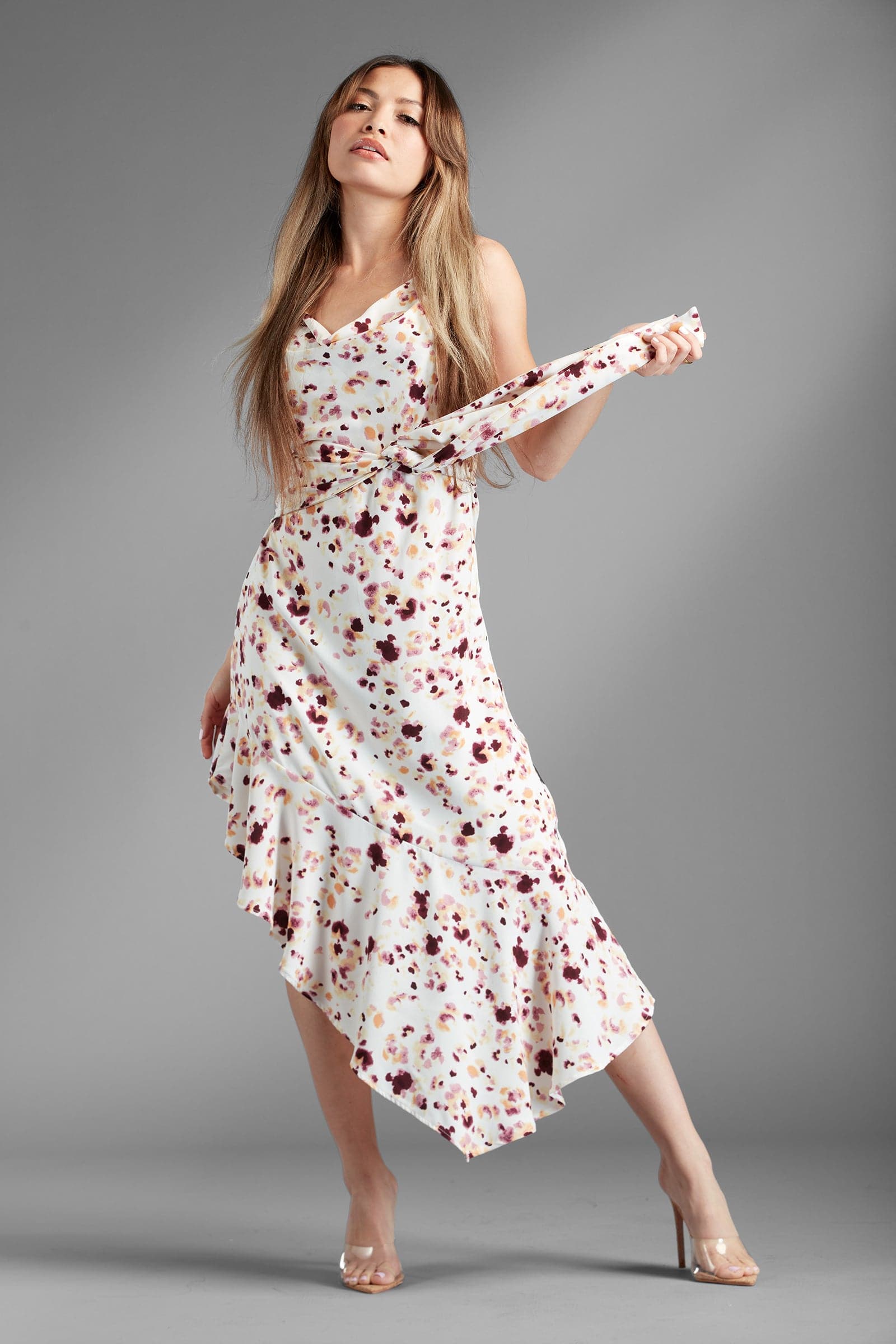 AVAH - Beverly Heights Asymmetrical Ruffle Tier Floral Midi Dress - White/Purple