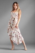 AVAH - Beverly Heights Asymmetrical Ruffle Tier Floral Midi Dress - White/Purple