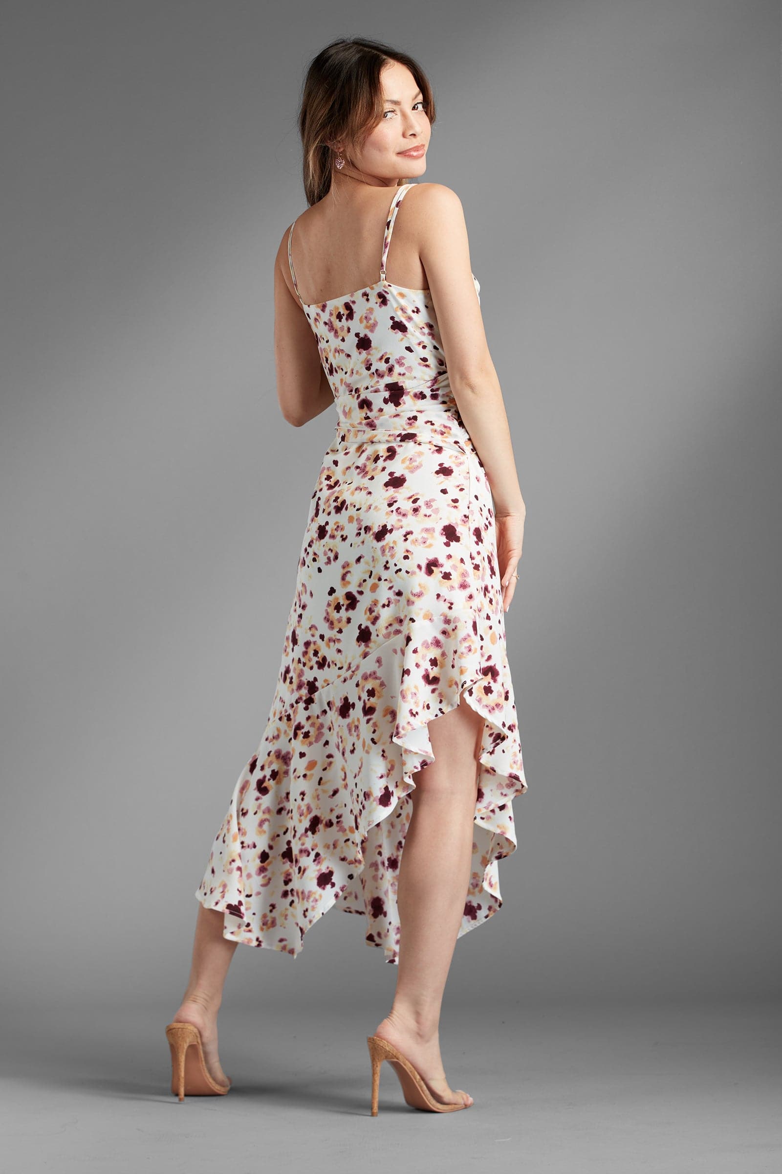 AVAH - Beverly Heights Asymmetrical Ruffle Tier Floral Midi Dress - White/Purple