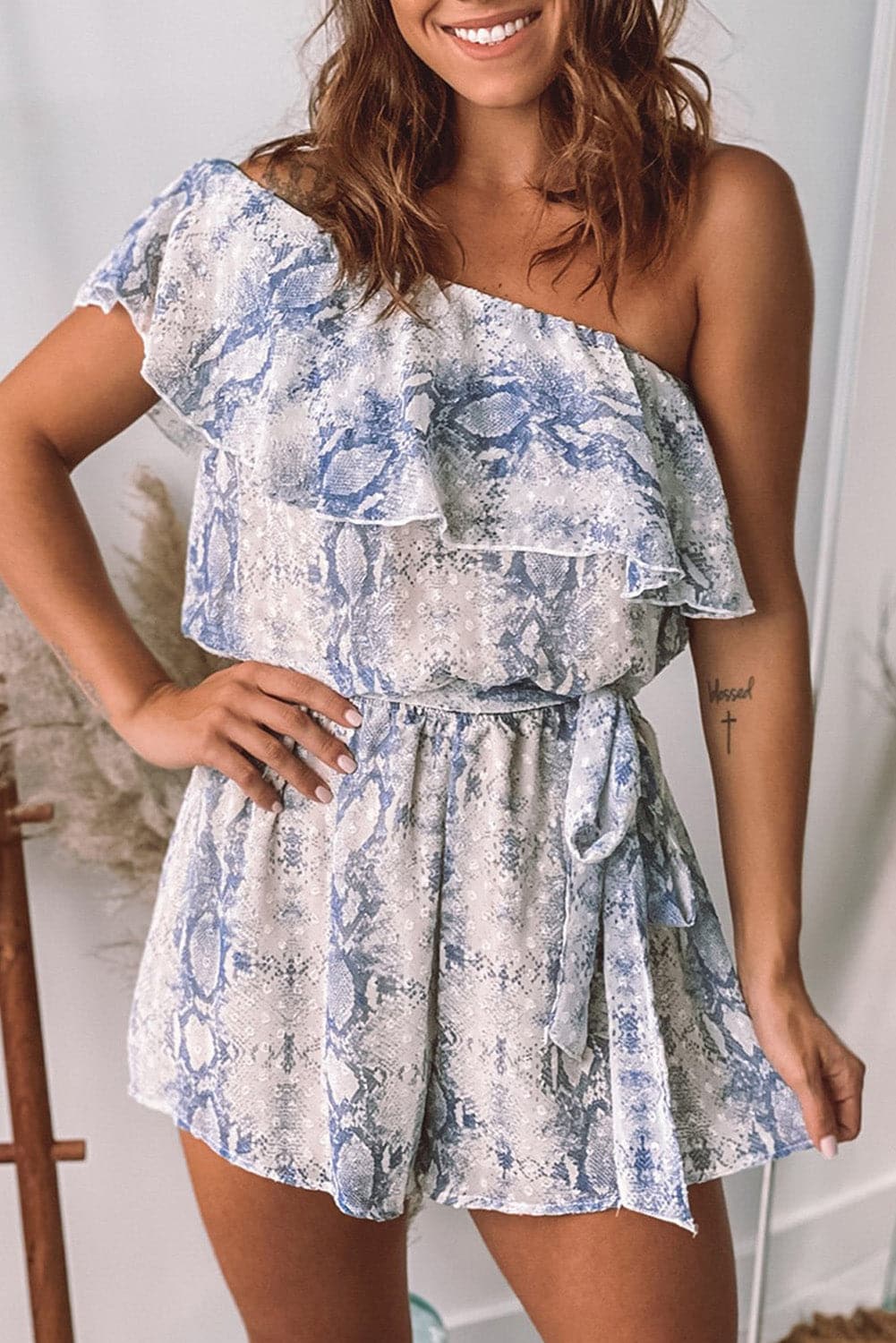 Desiree One Shoulder Snake Print Romper -Blue - Avah Couture