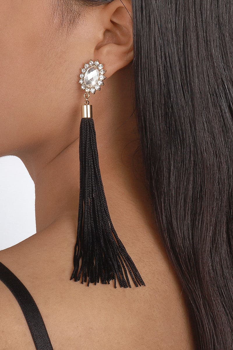 AVAH-Long Tassel Dangle Earrings With Crystal Stud - Black