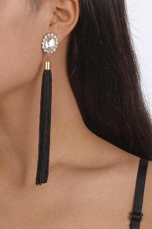 AVAH-Long Tassel Dangle Earrings With Crystal Stud - Black